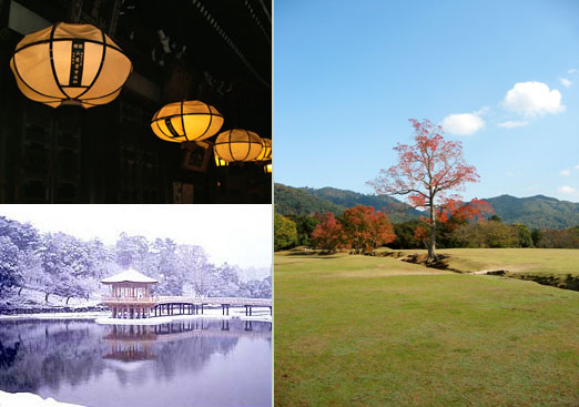 二月堂　雪の浮見堂　秋の飛火野